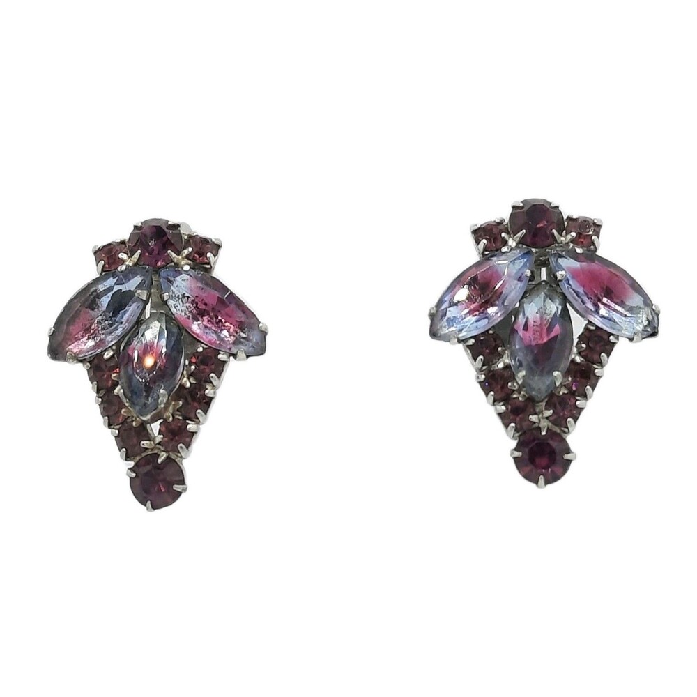 Vintage Signed Madeline Purple Blue bi-color Bavettes Rhistone Clip Earrings